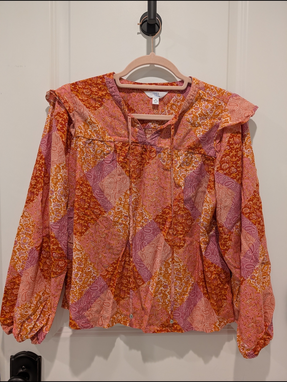 Time and Tru Patchwork Peasant Blouse in Pink and Orange